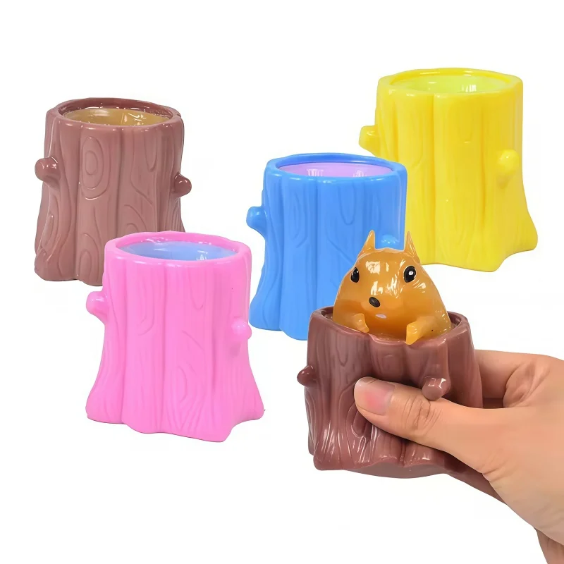 Squeeze Squirrel Stump Cup Fidget Toy with Music for Kids Antistress Mini Tree Stump Decompression Plaything Weird Pinching Gift
