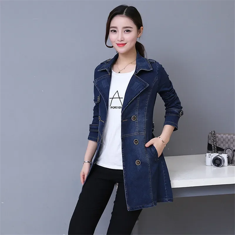 2024 herbst Denim Jacke Mantel Frauen Zweireiher Volle Ärmel Vintage Windjacke Weibliche Lange Jean Jacke Oberbekleidung Tops