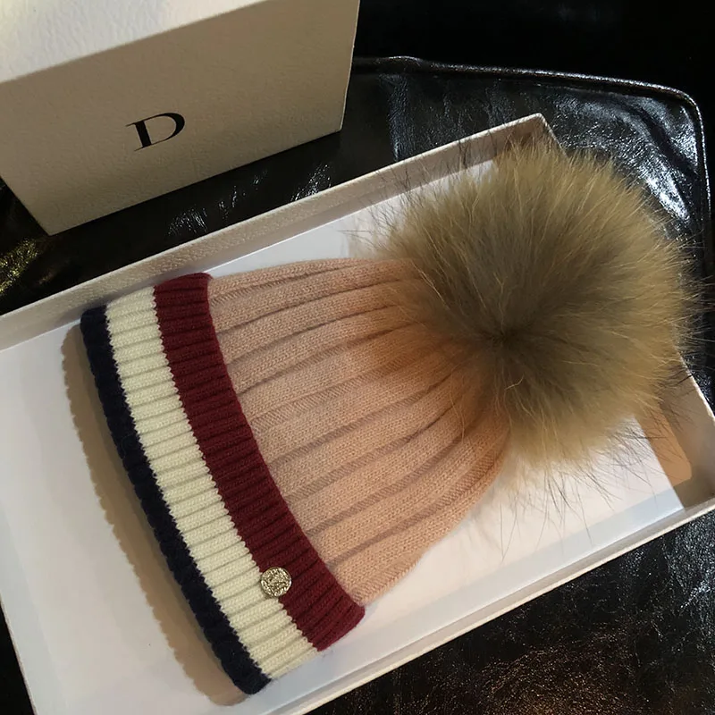 Adult Winter Wool Beanie Hats for women 100% Raccoon Fur Pompom Hat Female knitted pompon caps