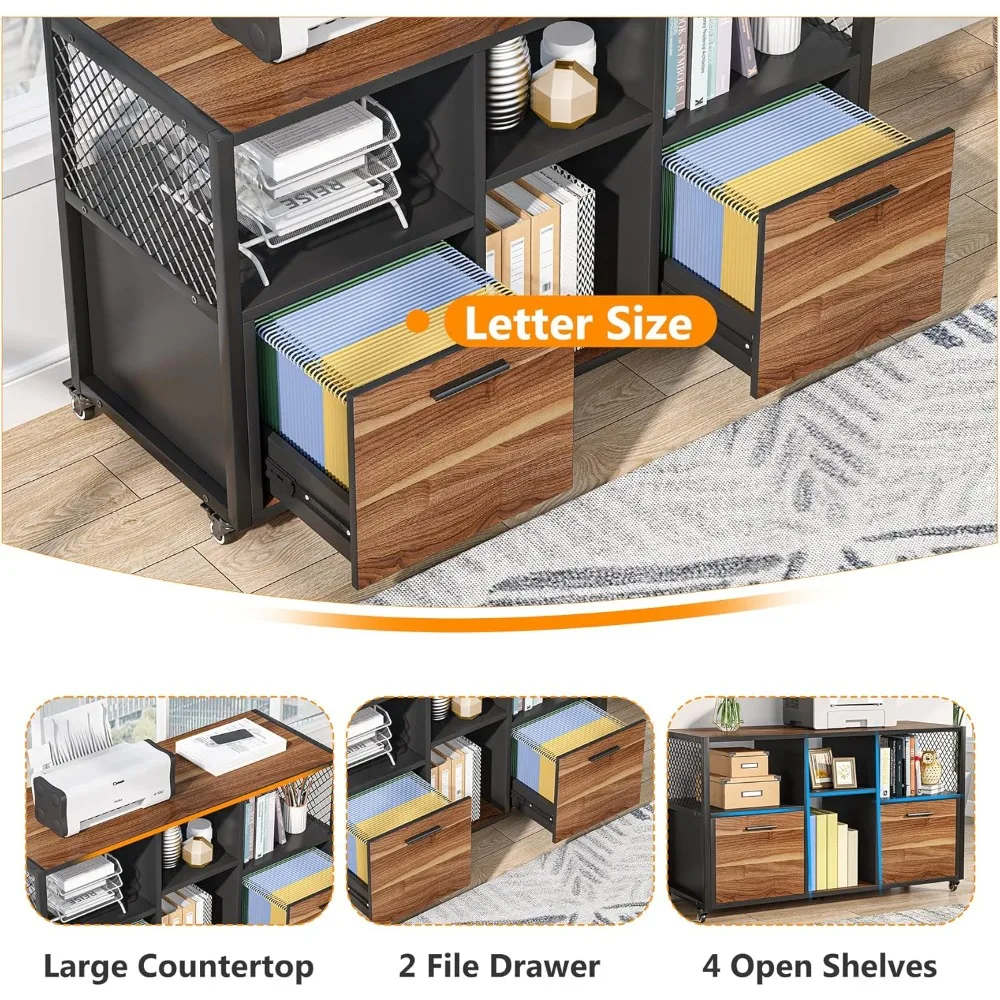 خزائن ملفات خشبية ذات درجين، خزانة ملفات جانبية متنقلة حديثة لحجم الرسالة/A4، حامل طابعة مع أرفف تخزين مفتوحة #6