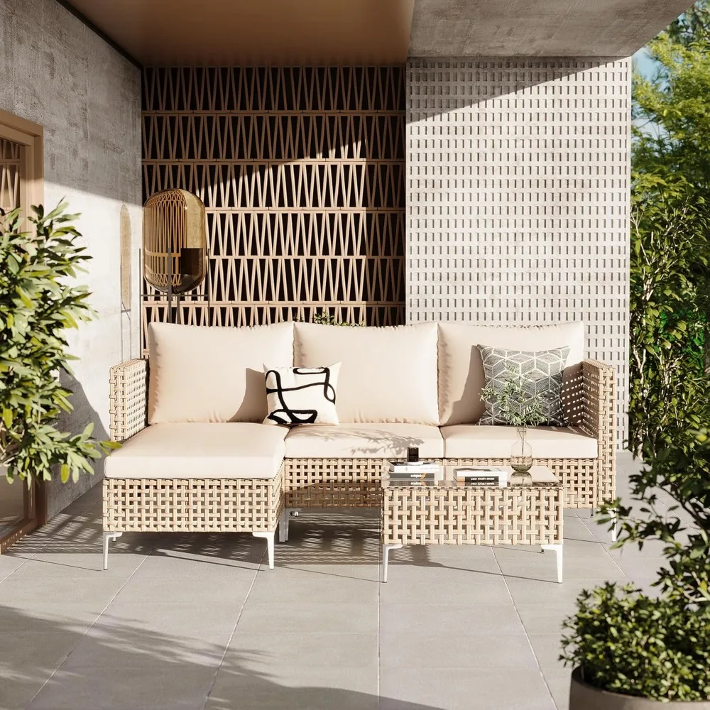 

Outdoor Furniture Set, Including A Glass Coffee Table and A Plush Outdoor Sofa; All-weather PE Rattan Leisure Set