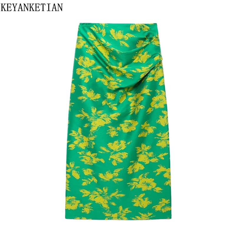 

KEYANKETIAN 2024 New Women's Printed Slit Skirt Autumn Holiday wind Back Zipper High waist Draped Decoration Satin MIDI Skirt