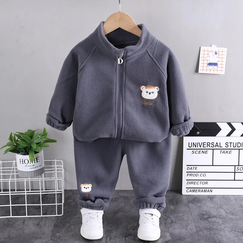 Autumn and Winter New Children\'s Fleece Long sleeved Set 0-5-year-old Baby Bear Plush Sweater Warm Casual Sports Two Piece Set