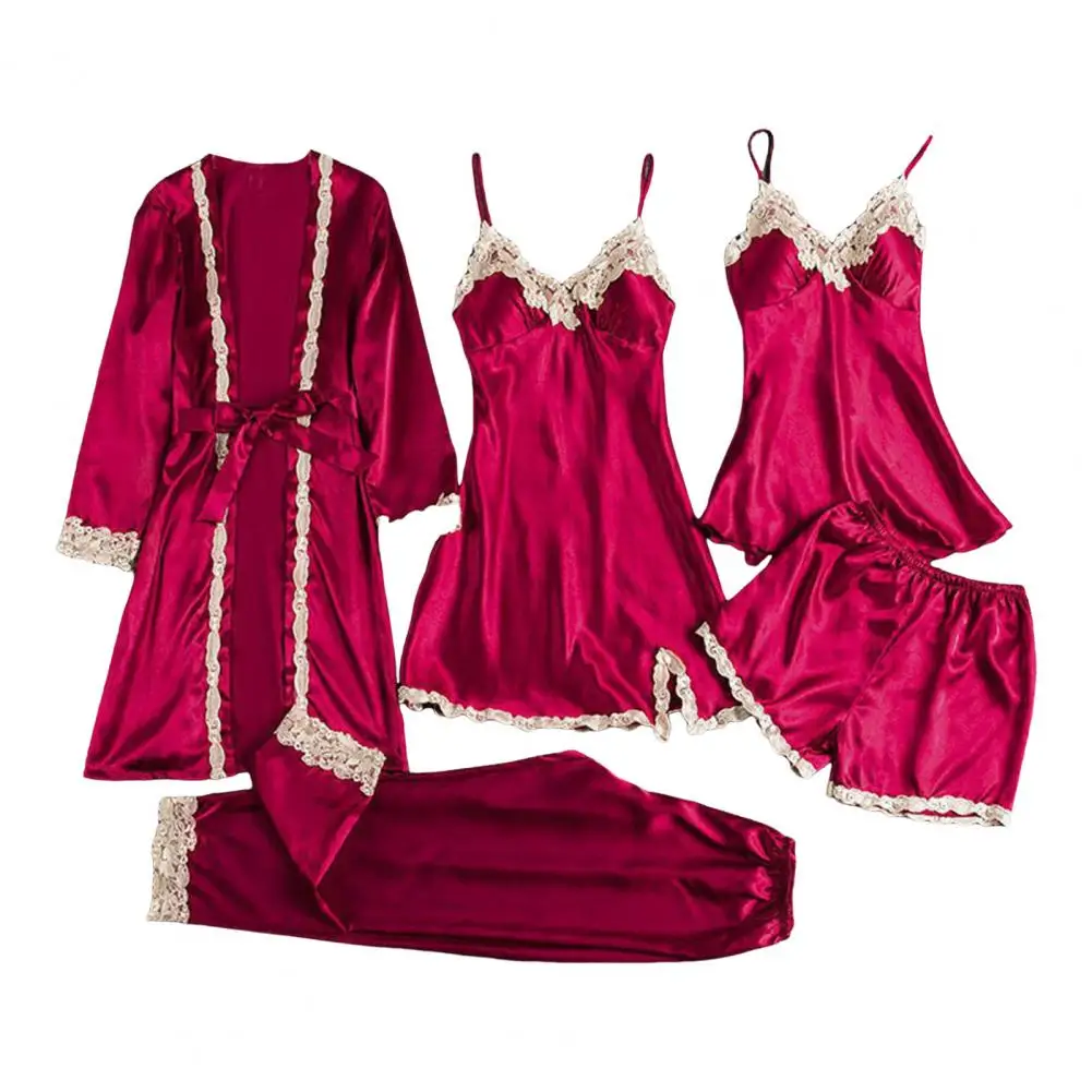 Long Short Nightgown Set Elegant Satin Lace Pajama Set with Lace-up Waist 5-piece Women's Nightwear Set Silky for Comfortable