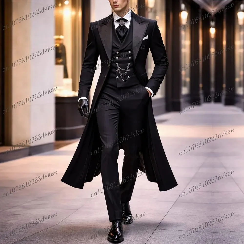 

Длинный черный пиджак для делового костюма, свадебного торжества, выпускного вечера, для жениха и шафера, для официальных мероприятий, смокинг, комплект из 2 предметов: пиджак и брюки 01