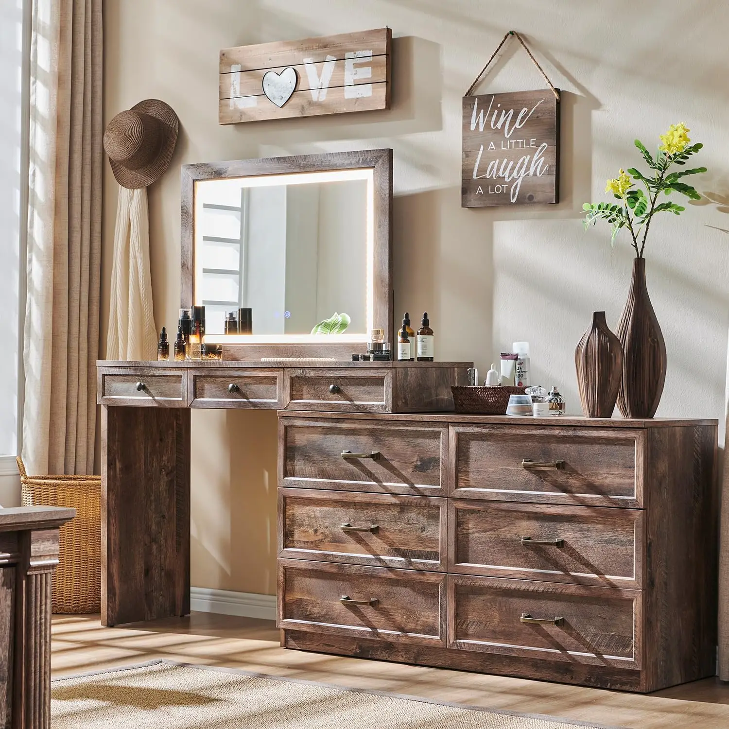 

69" W Big Vanity Desk with Glass Top, Farmhouse Corner Makeup Table with 9 Large Storage Drawers, Rustic