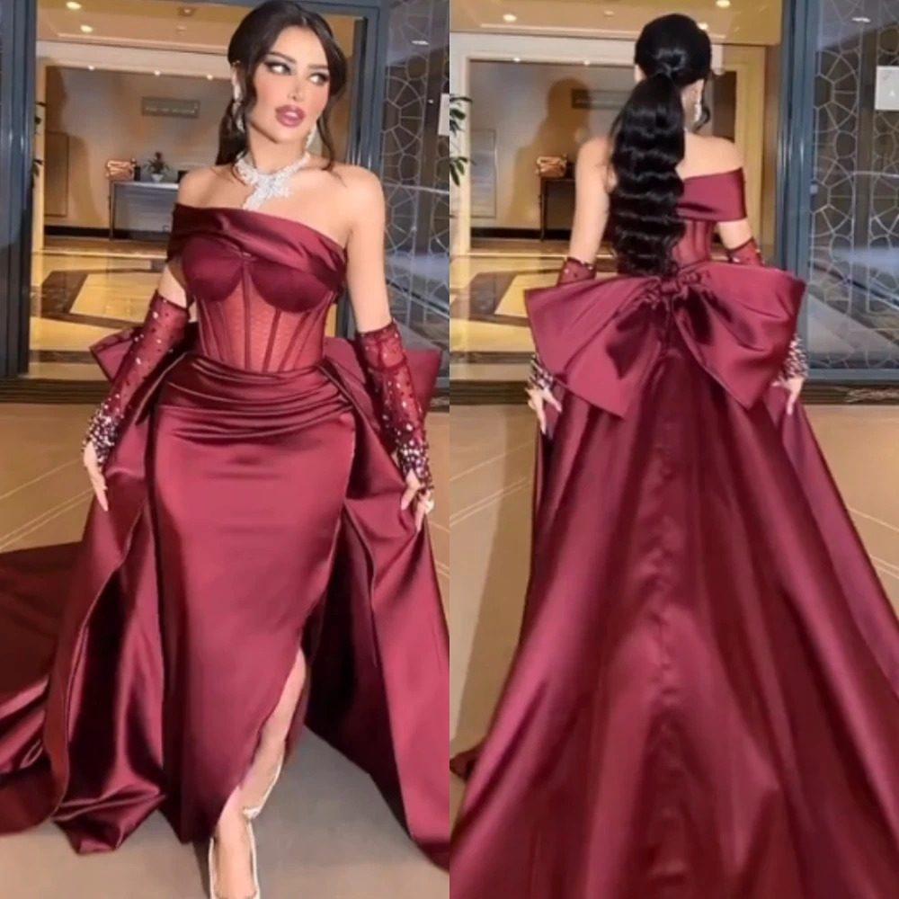 

Jiayigong Satin Rhinestone Bow Pleat Birthday Sheath Strapless Bespoke Occasion Gown Long Dresses Saudi Arabia