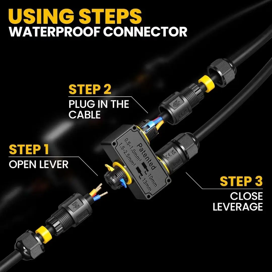 IP68 3-way Quick Connect Waterproof Cable Connector Y-Push Wire 4mm-11mm Cable Copper and Computer Case