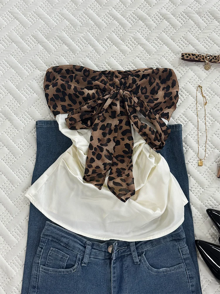 Pure Desire Y2K T-irt Women's Leopard Print Bow Tie Tube Top New 2025 Retro Vintage Sle Commute Slim Fit Cotton Blend