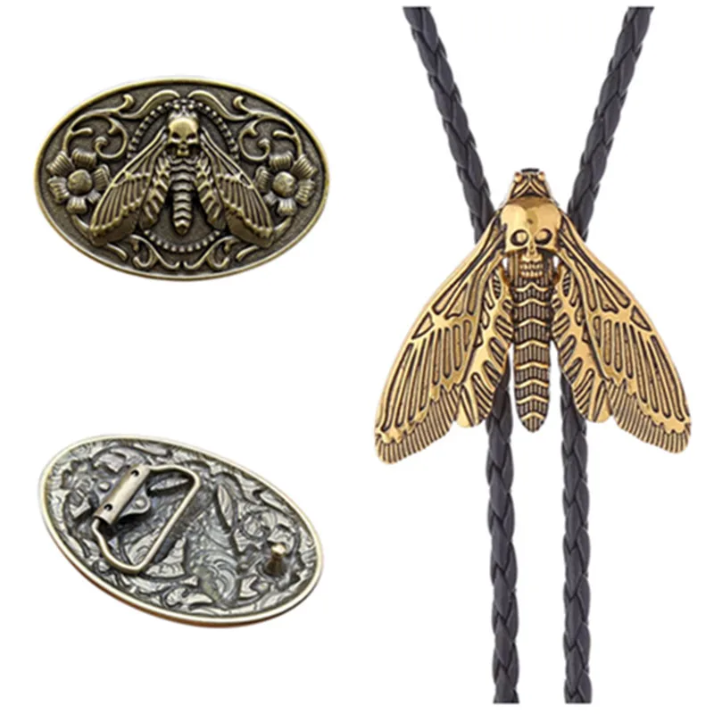 Two sets of Bolo ties with leather belt buckles and creative moth-shaped fashionable bows