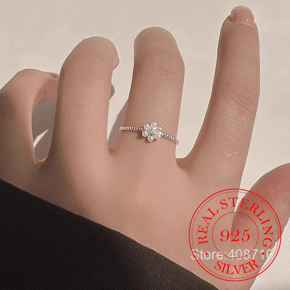 

925 Sterling Silver Flower Pearl Adjustable Finger Rings For Women Wedding Engagement Party Charm Jewelry Silver 925 Ring