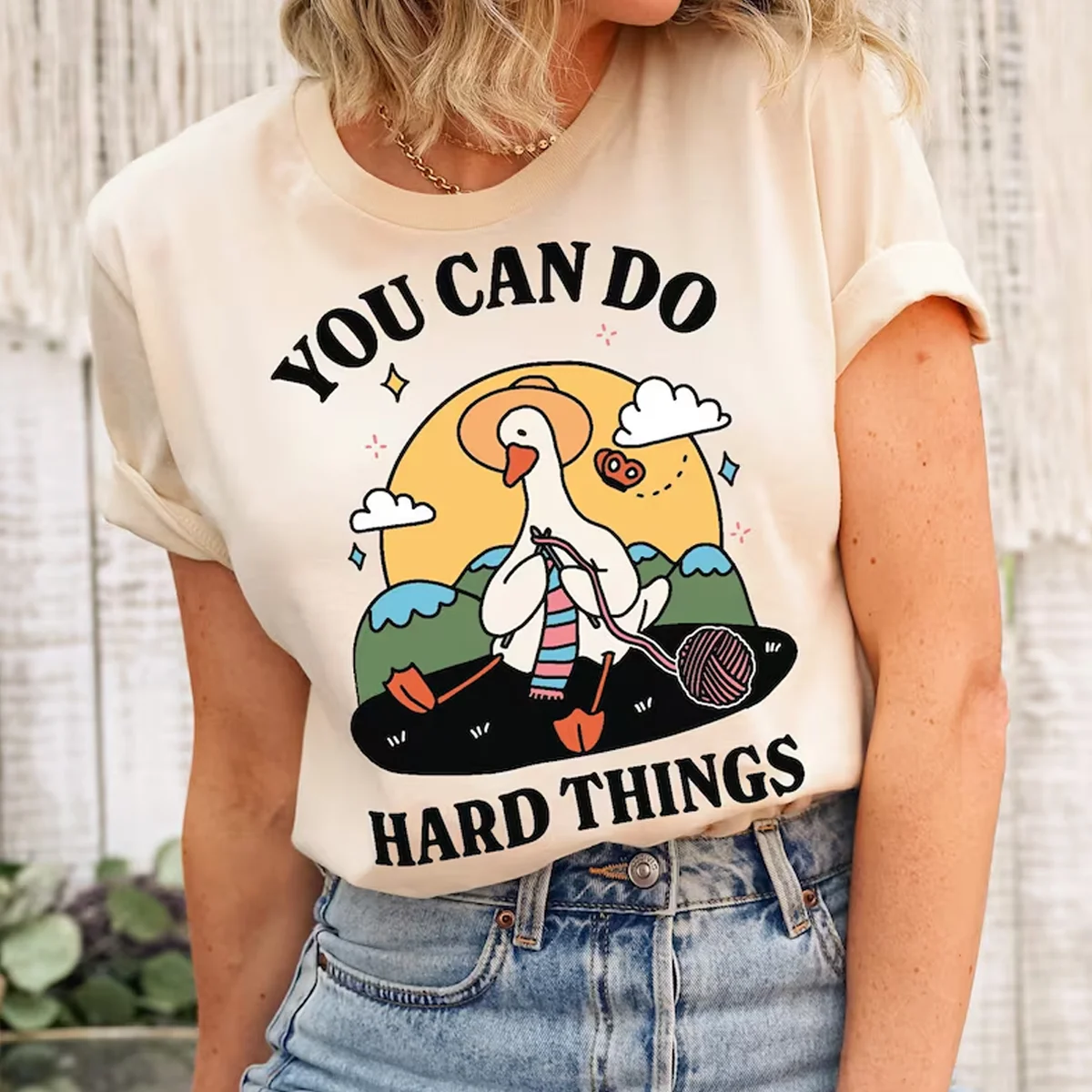 

Cute Goose t-Shirt Positive Quote Tee Trendy You Can Do Hard Things t-Shirt Retro Teacher Tee Oversized Womens Crewneck Shirt