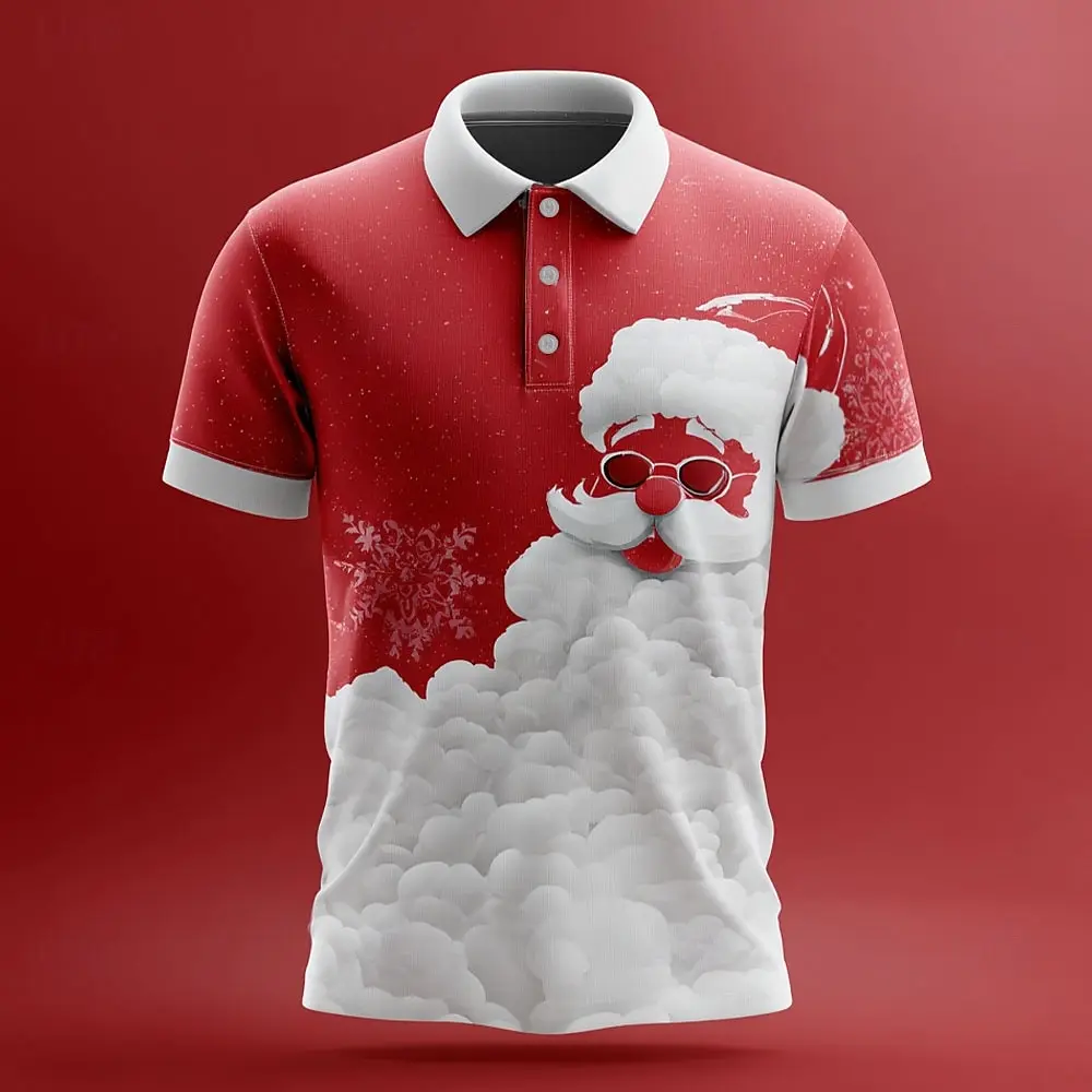 

3D Print Santa Clause Graphic Polo Shirt For Men Fashion Creative Short Sleeve Button Lapel Top Christmas Theme Comfortable Tees