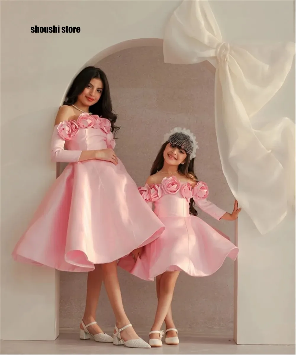 

Customized Cute Pink Flower Girl Wedding Dress Princess 3D Flowers Satin Off-shoulder Dress Kid Birthday Party Puffy Ball Gown