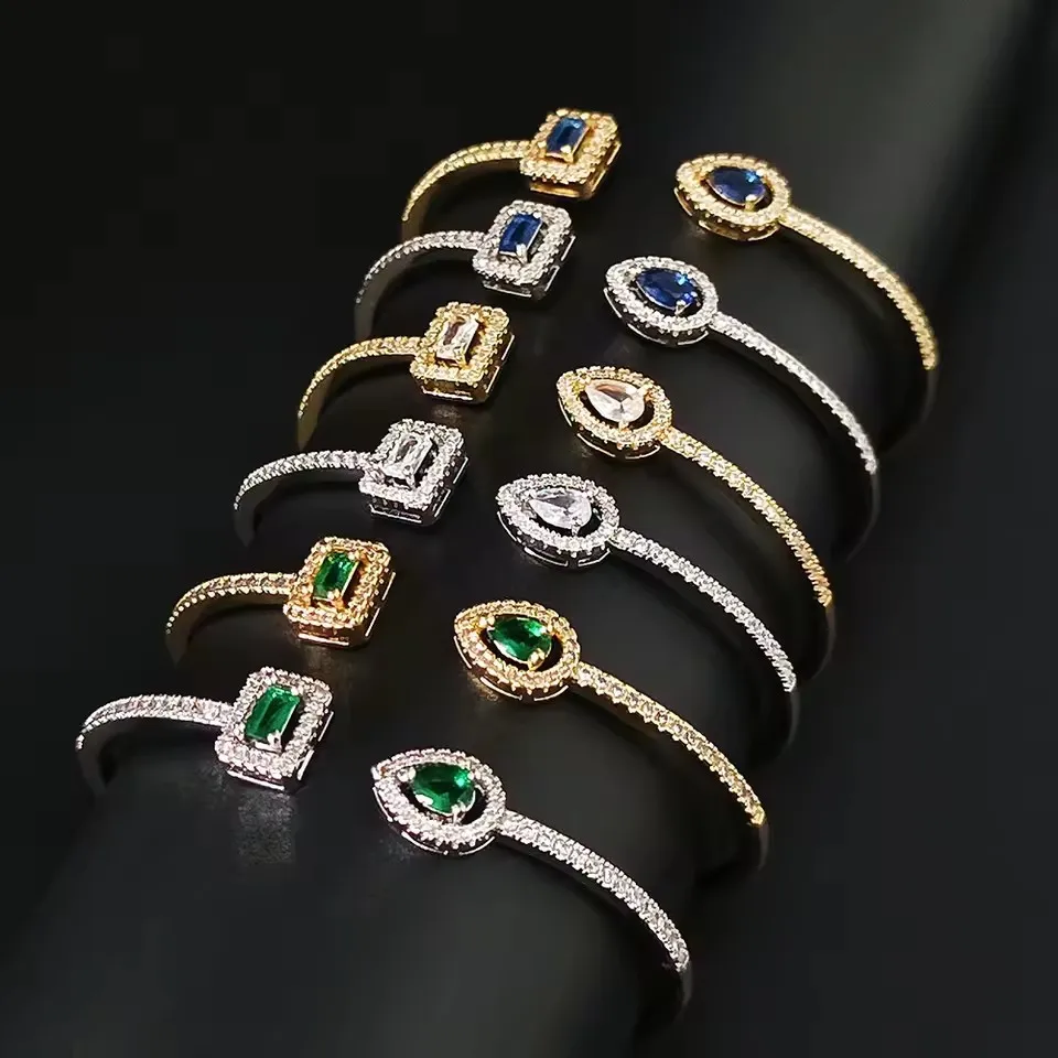 

Cubic Zirconia Luxury Green/White/Blue Cuff Bracelet Bangle for Women Anniversary Gift Diamond Jewelry