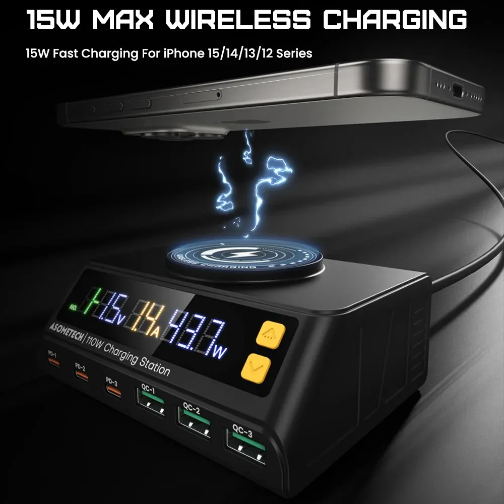 110W 7 IN 1 USB Charger With Wireless Charging Station PPS PD USB Type C Fast Charger For Laptop iPhone 15 14 Samsung S23 Ultra