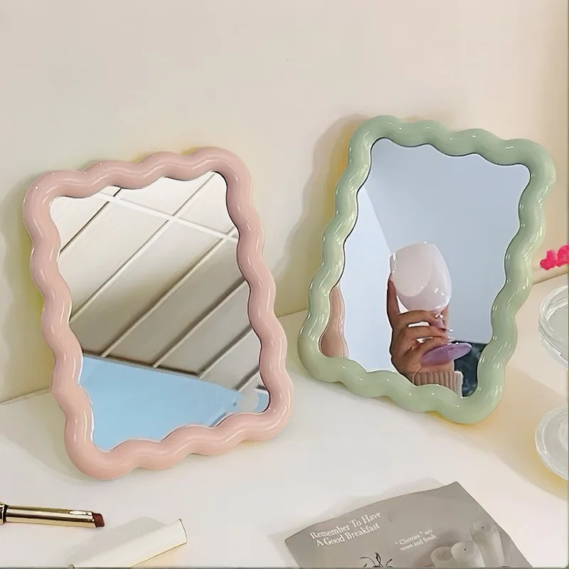 1PC Cute Wavy Makeup Mirror Tabletop Standable Wall Mount Portable Small Mirror for Student Dorm Office Home Decor
