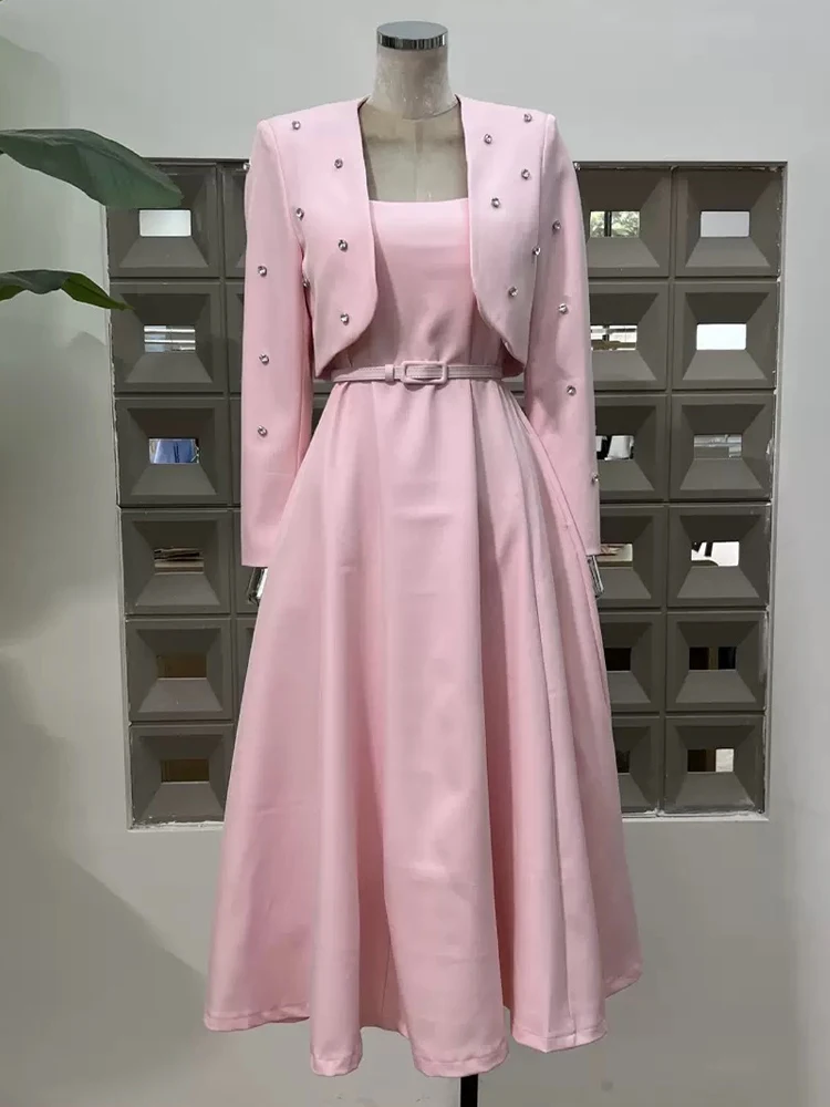 高級感のある秋の新作レディースドレス、ラインストーン付きスリムジャケットトップ+大きなAラインサスペンダードレス、上品なツーピーススーツ