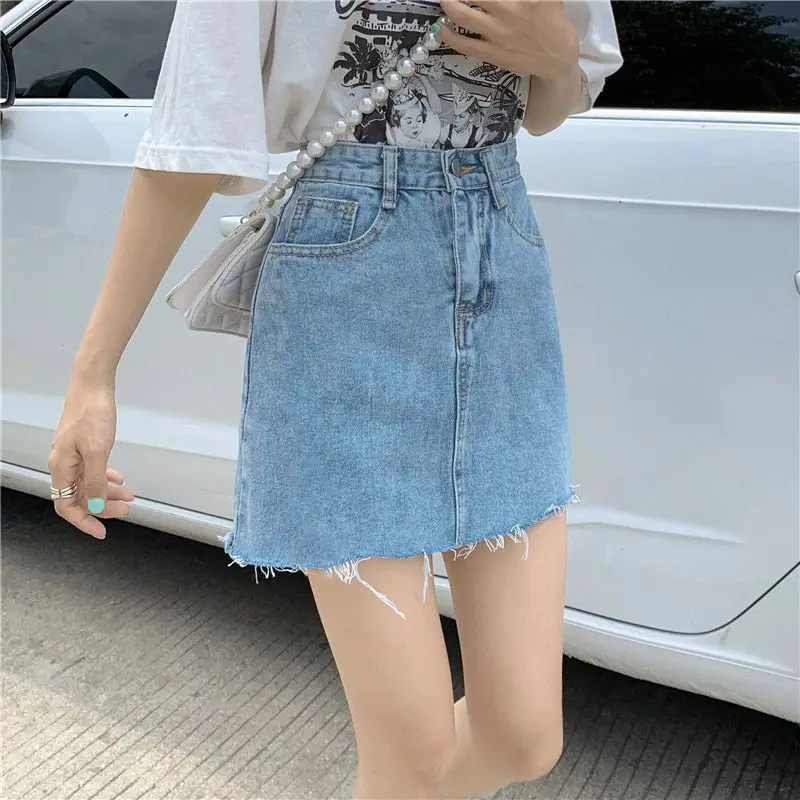 Women's Light Blue Vintage Denim Short Skirt 2026 Spring New Arrival High Waist Slimming A Line Bodycon Frayed Edge