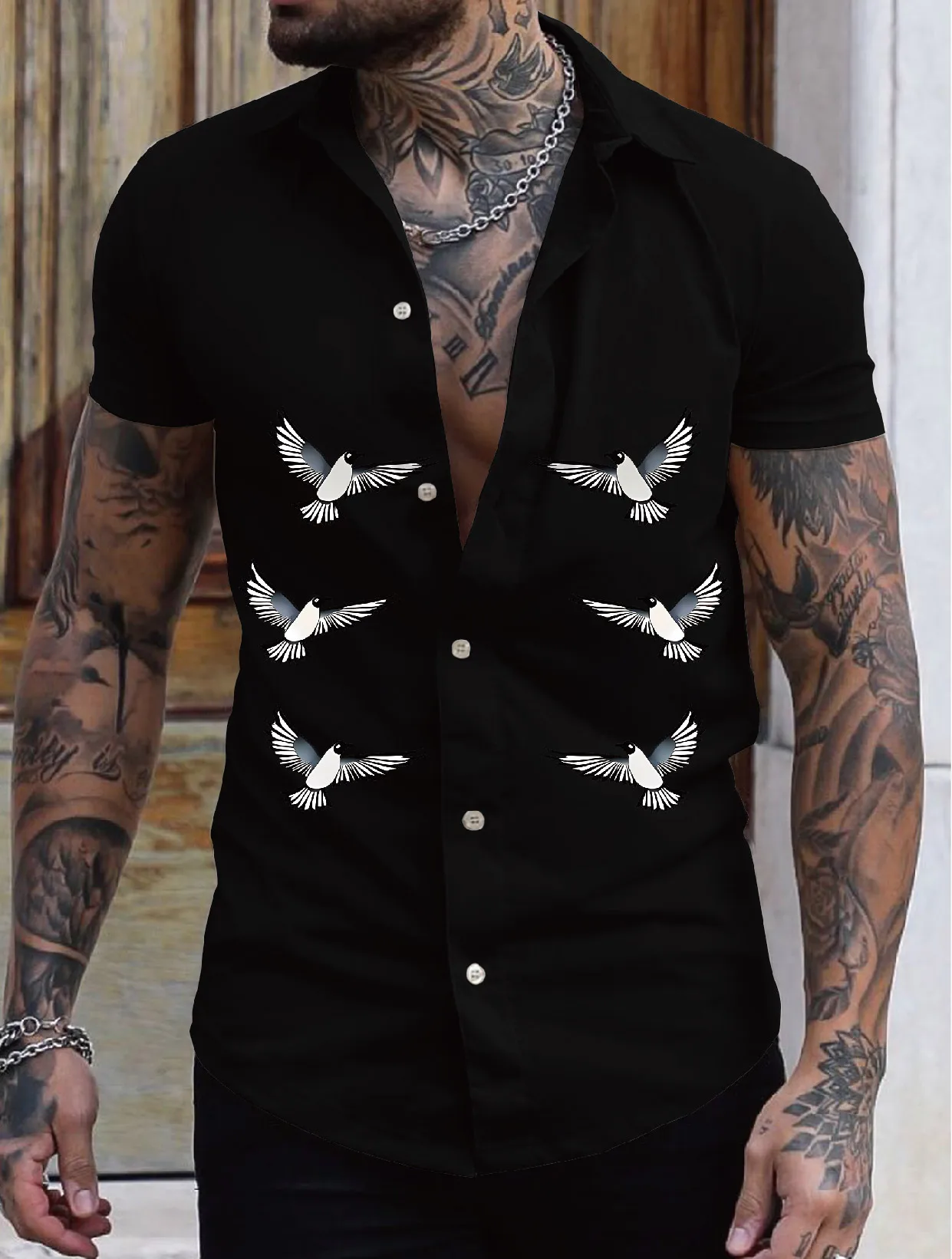 

Свободная повседневная синяя рубашка с длинными рукавами и принтом девственницы