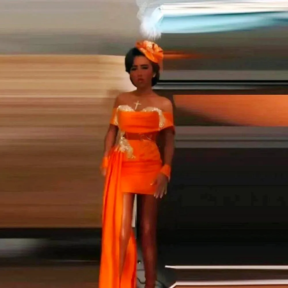 Orange Short Cocktail Dress Without Gloves Beads Sequins Side Train Prom Dress Aso Ebi Birthday Wedding Party Gowns