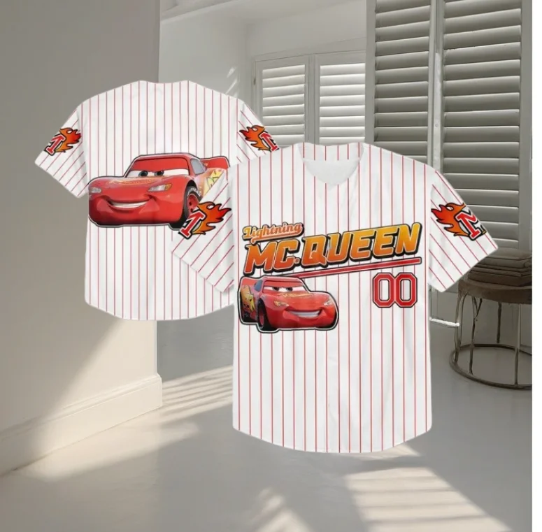 2026 جديد وصول ديزني البرق ماكوين سيارات البيسبول جيرسي عطلة عادية ملابس رياضية لطيف المتضخم البيسبول قميص