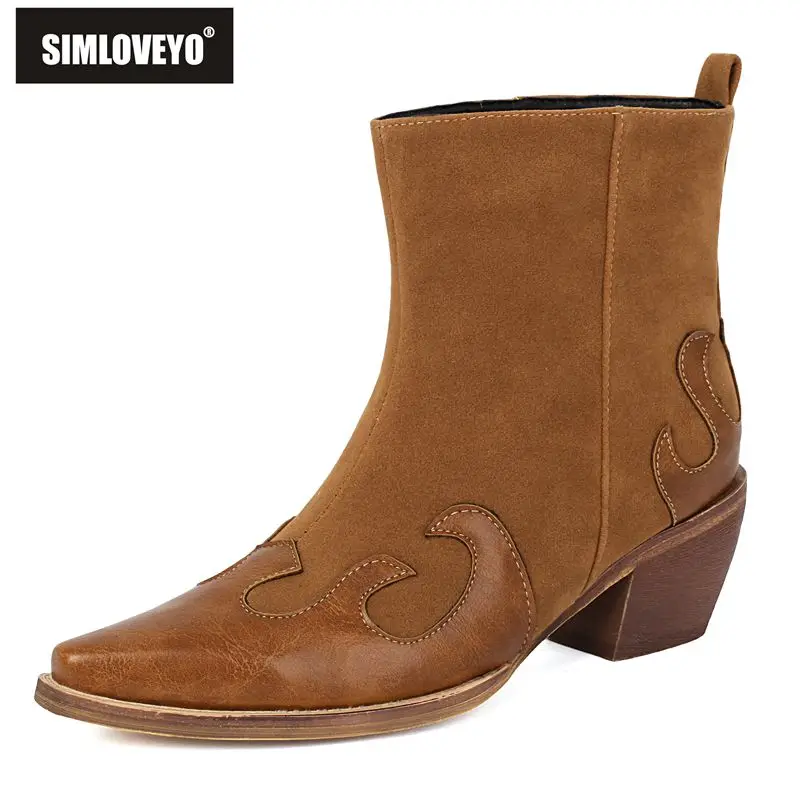 

SIMLOVEYO2025 Новые ковбойские ботильоны с квадратным носком 5,5 см, блочный каблук без шнуровки, разноцветные, большой размер 42 43, осень для отдыха в стиле пастушки