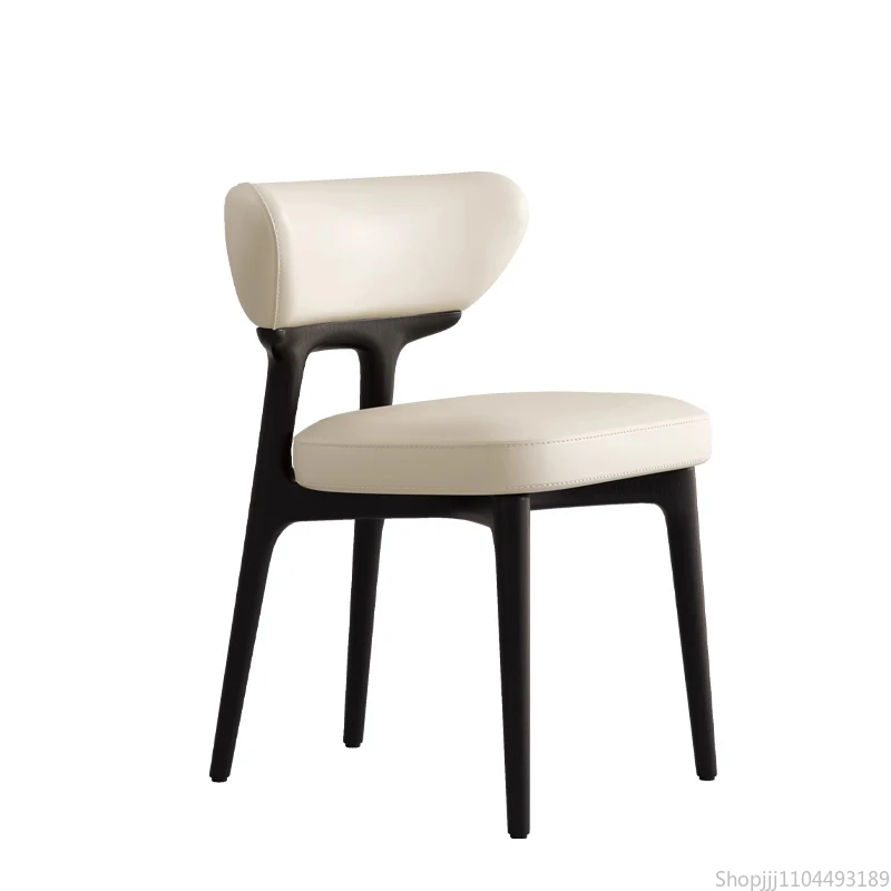French Vintage Solid Wood Dining Chair, Modern Minimalist Genuine Leather Accent for Small Spaces