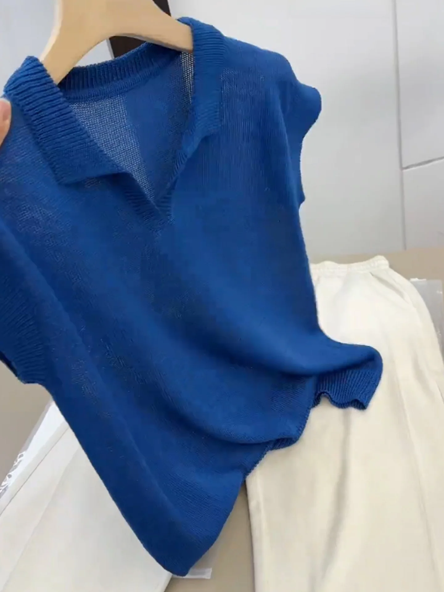 Top de Punto de Seda de Hielo Transpirable y Aadable a la Piel, Color Puro, Manga Corta, Estilo Simple y Casual, Antienveje...