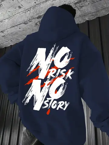 Solid Color Hoodie with White No Risk No Story Print and Red Scratch Design Long Sleeve Casual Pullover Cotton Sweatshirt