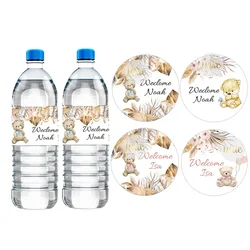 Custom Pampas Grass Boho Bear Round Sticker Water Bottle Labels Customized Baby Shower Welcome Baby Baptism Christening Decor