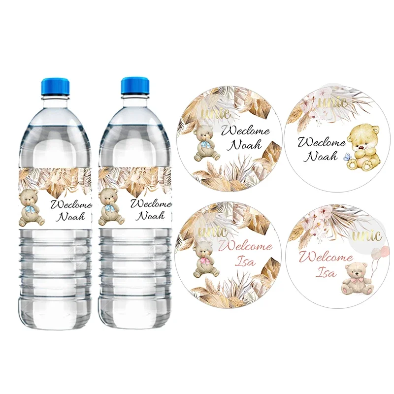 Niestandardowe Pampas Grass Boho Bear Okrągłe naklejki Etykiety na butelki z wodą Dostosowane Baby Shower Witamy Baby Chrzest Chrzest Decor
