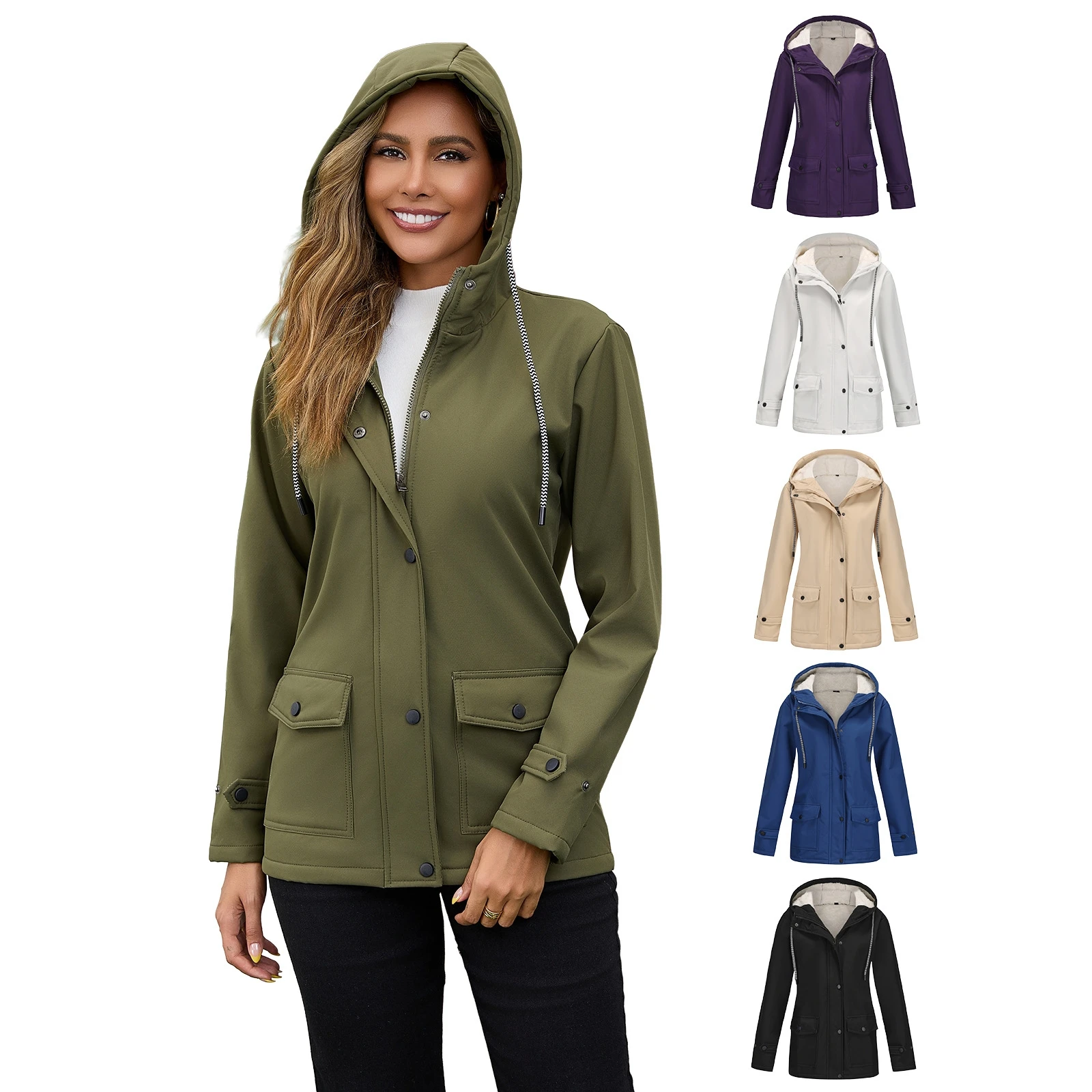 Women's Spring Autumn Hooded Windbreaker Composite Fleece Jacket Commute Style Long Sleeve Zipper Closure Mid-Length Coat