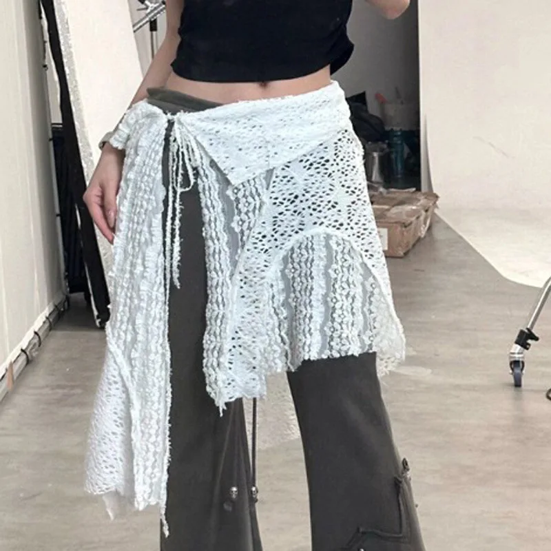 

Y2K нерегулярные мини-юбки женские Harajuku эстетичная белая кружевная тюлевая бандажная юбка винтажная ажурная модная юбка с разрезом