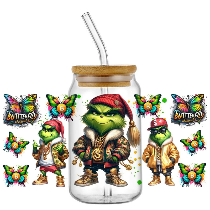 Popular Hip Hop Streetwear Merry Christmas Uv Dtf Cup Wrap Waterproof Cold Transfer Sticker For 16oz Libbey Glass Can Diy Decor