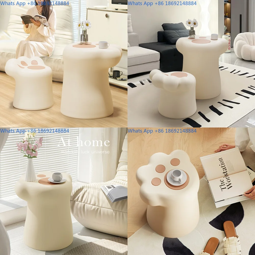 Cute Creamy Style Cat Paw Coffee Table Minimalist Side Table for Small Living Room Modern Home Decor Storage Accent Piece