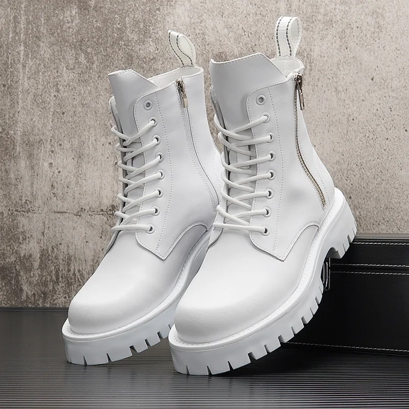 England style men fashion stage nightclub motorcycle boots black white shoes high top platform boot natural leather botas hombre