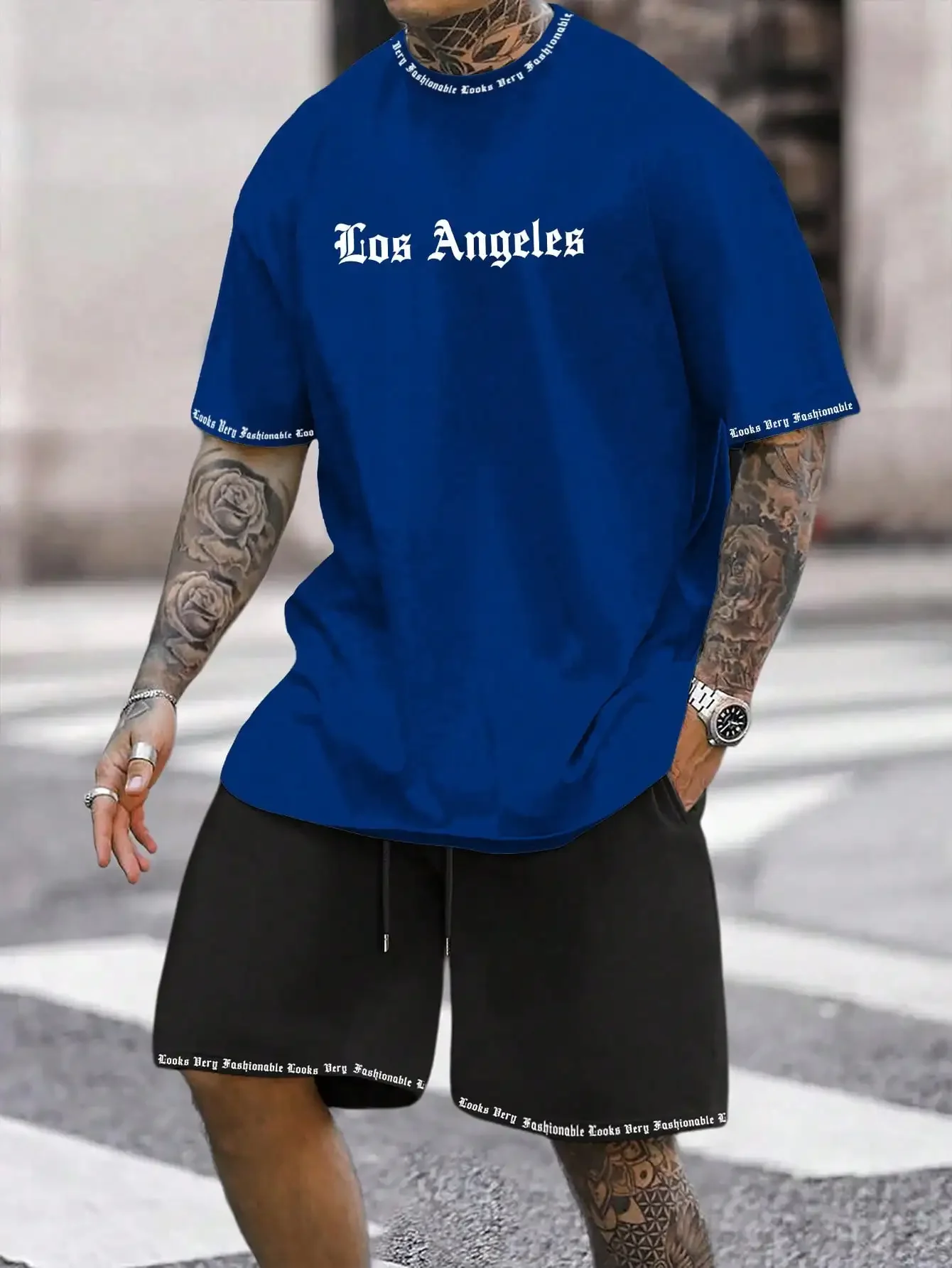 Modischer Street Herren-T-Shirt mit schlichtem Monogramm-Aufdruck, Rundhalsausschnitt, kurzen Ärmeln und Shorts, Sommer-Freizeit-Sportanzug