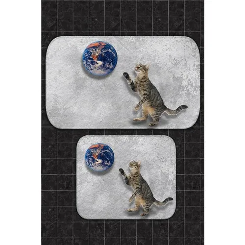 Bouquet Home 2'li World Cat 100x60 cm-50x60 cm Bath Mat and Toilet Seat Pad