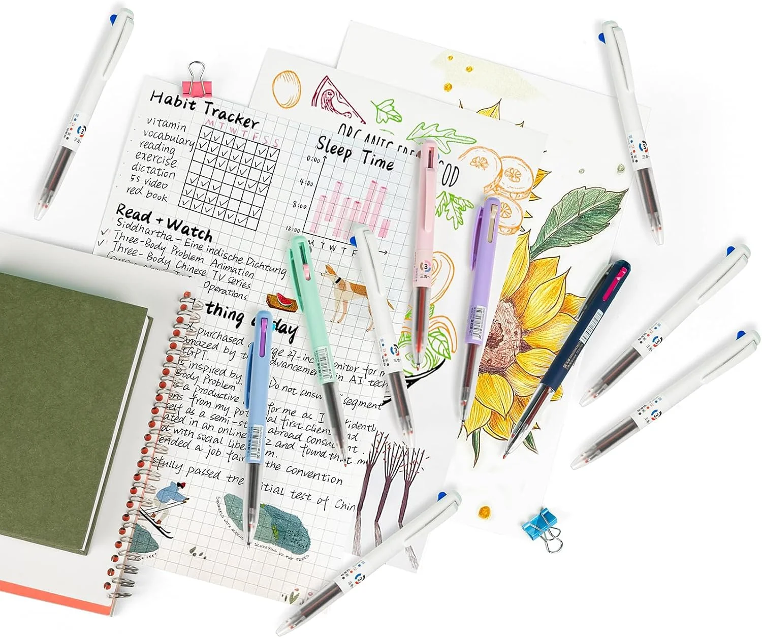 

12 pieces of 3-in-1 retractable gel pens - 0.5 mm fine tip smooth writing gel ink multi-color pens for log planners