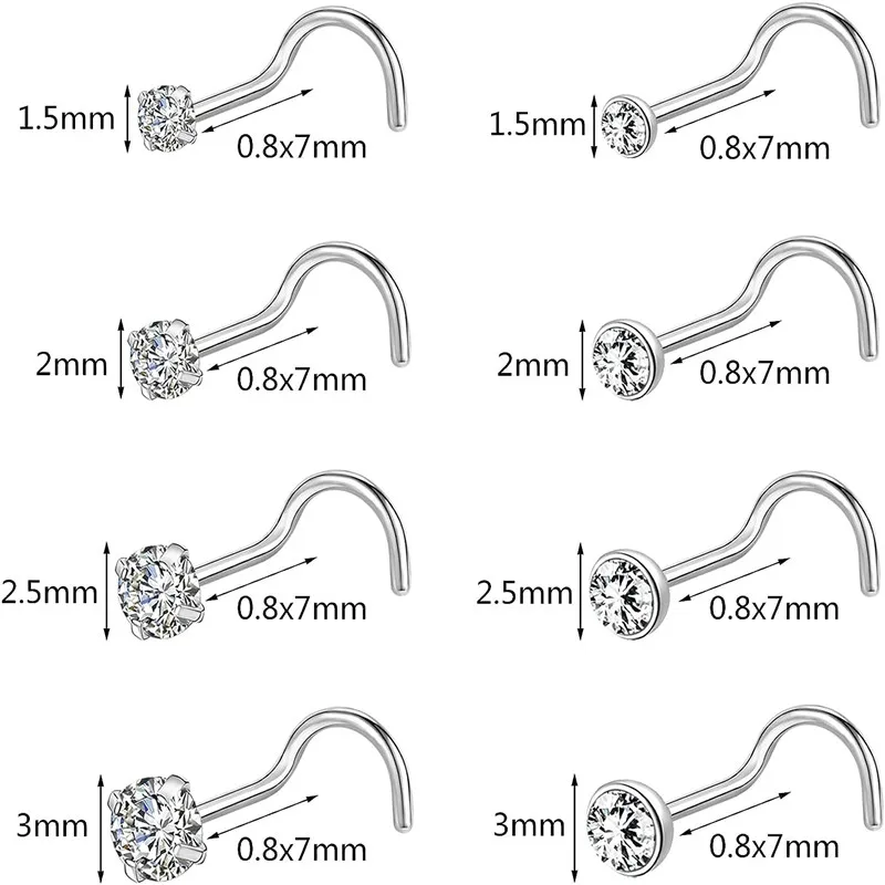 8 pieces/batch surgical steel nostril pierced earrings Nariz 20G crystal nostril pierced nose ring lady pierced jewelry