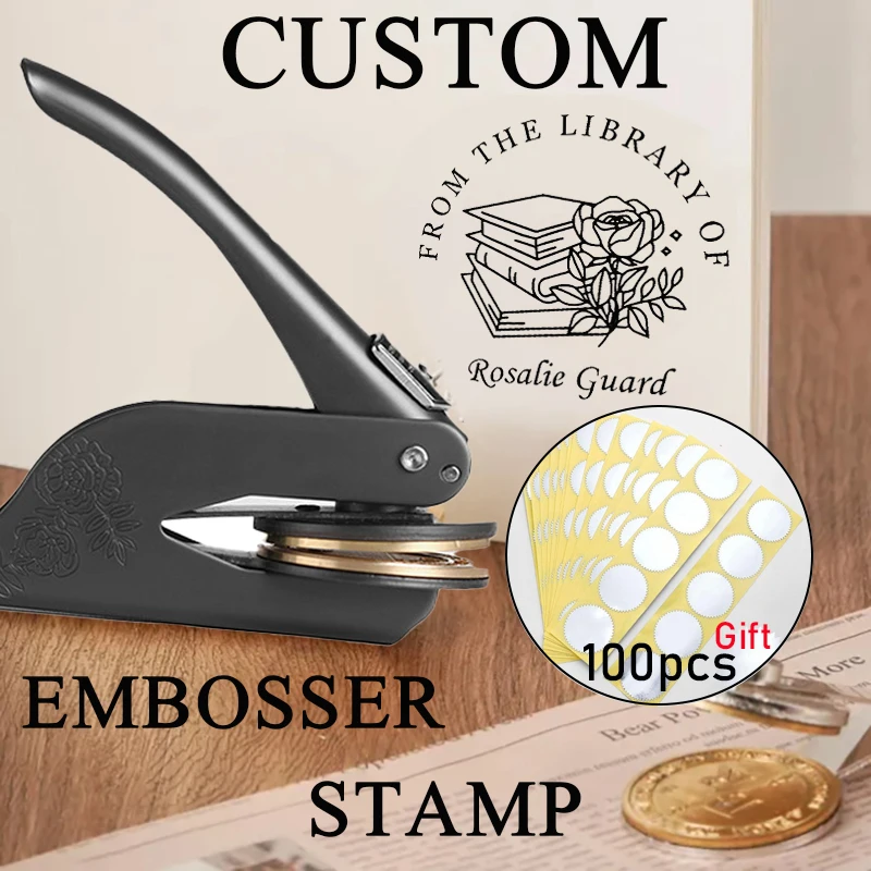 

Metal Book Embosser Stamp and 100pcs Silver Sticker, Book Series Pattern Embosser Stamp, Simple and Portable, Printed on Books