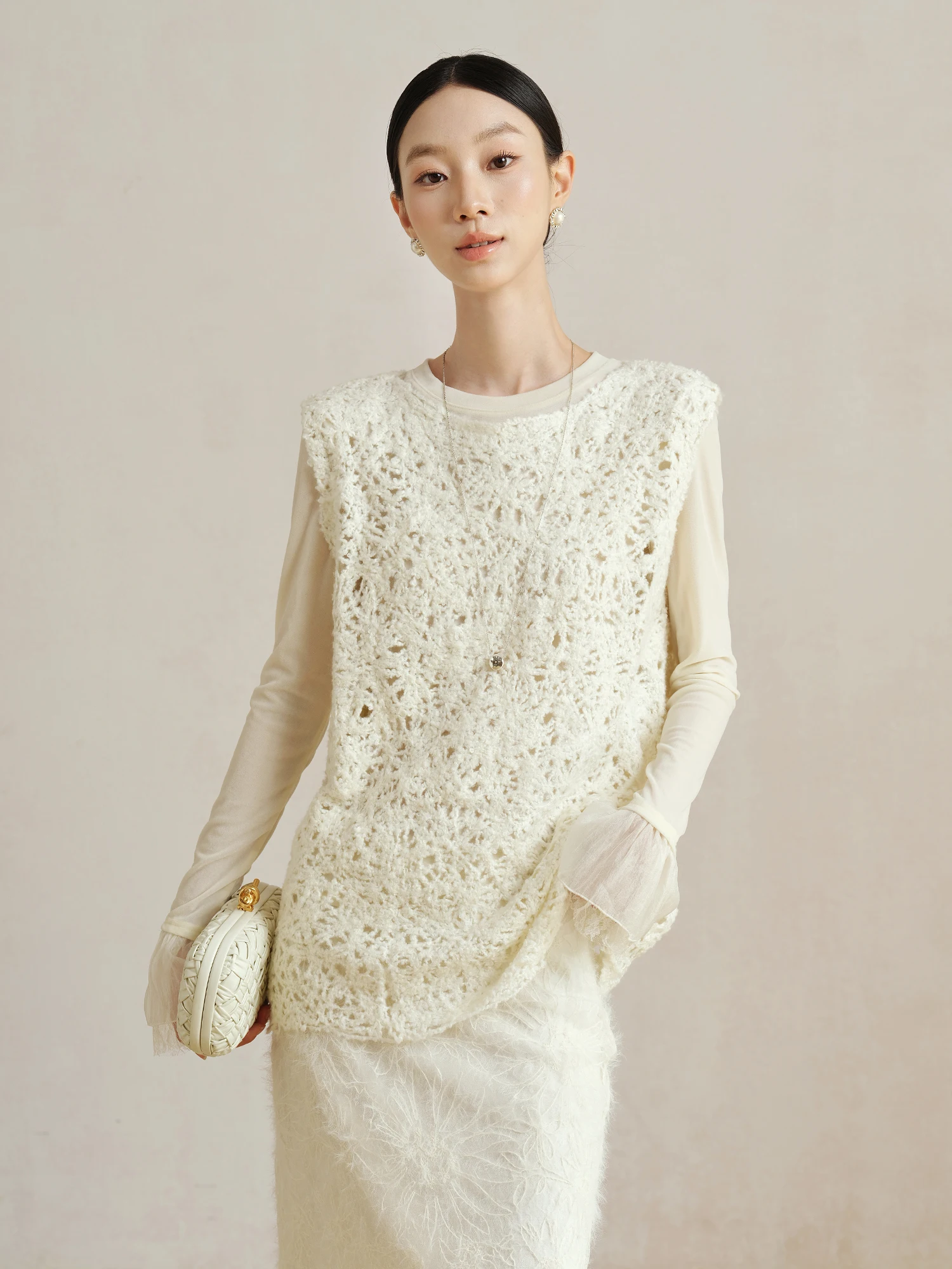 

Ele Woolen Hook-Design Tank Top Hollow out Texture round Ne High-End Feeling Layering Vest Women's Casual Loose Fit