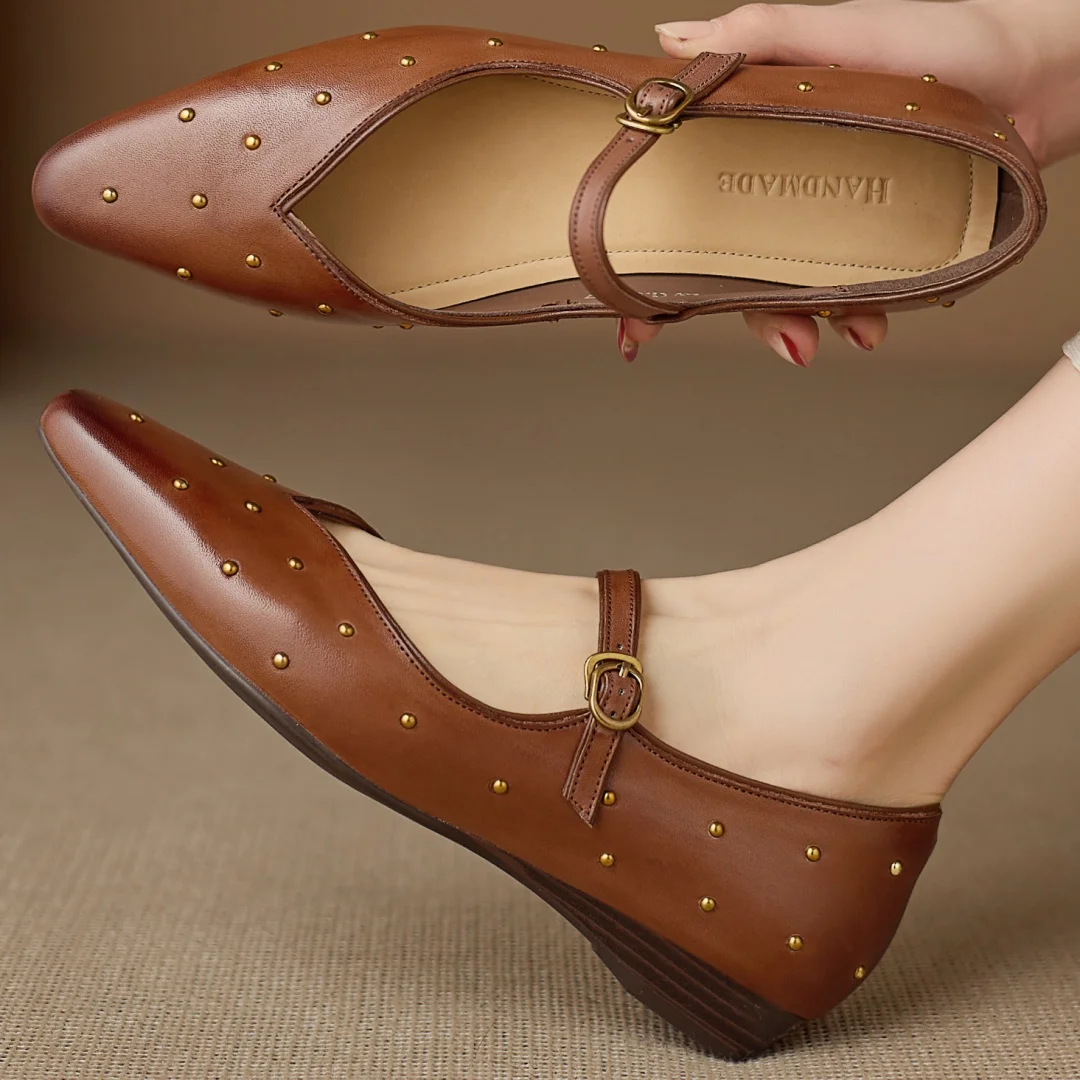 

Flokathy women's cow leather pointed toe rivet metal buckle Mary Jane flats high quality soft comfortable casual daily shoes hot
