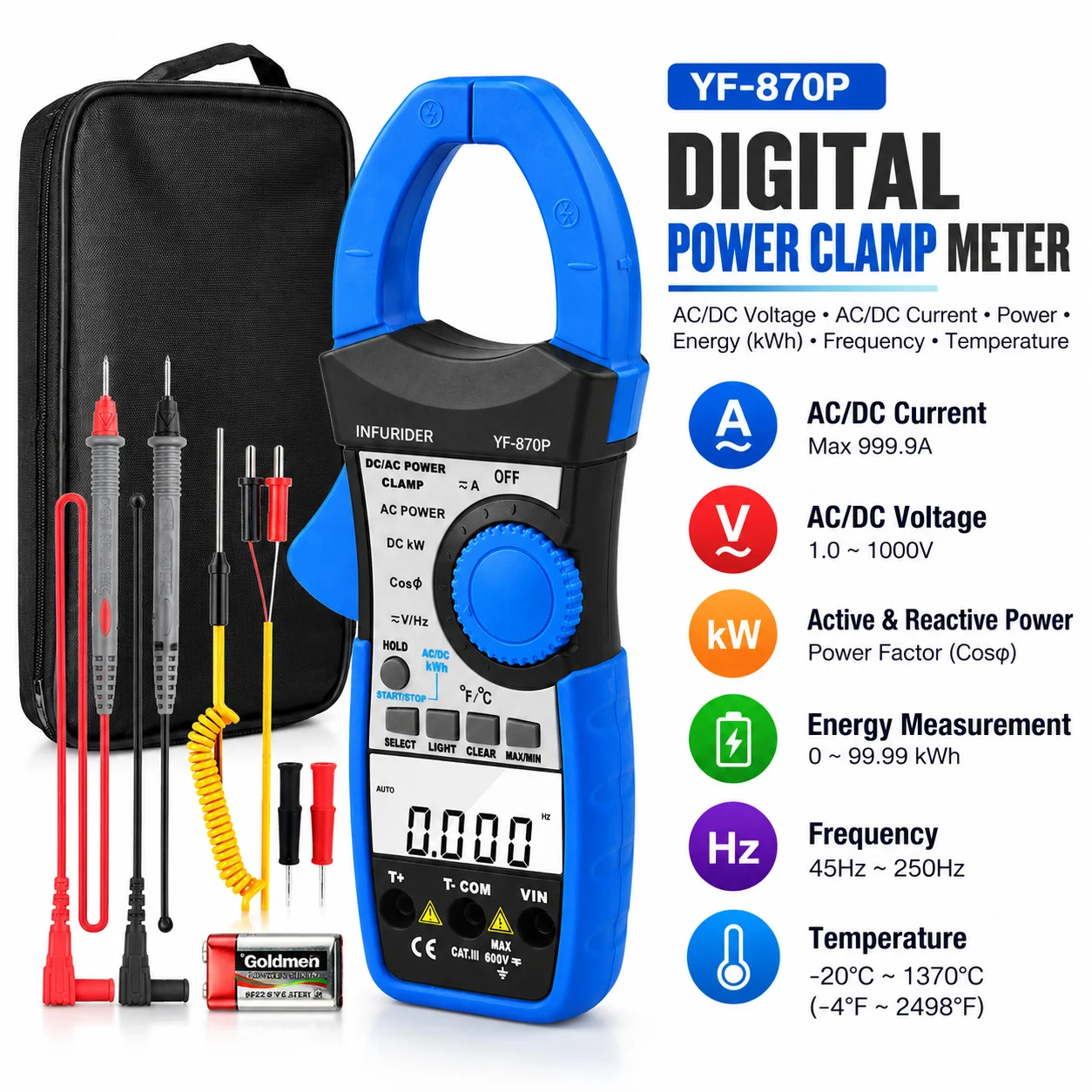 HOLDPEAK 870P Digital Power Clamp Meter 1000A AC/DC True RMS, Power Factor/Phase Angle, kWh Energy, Temperature, CAT III 600V