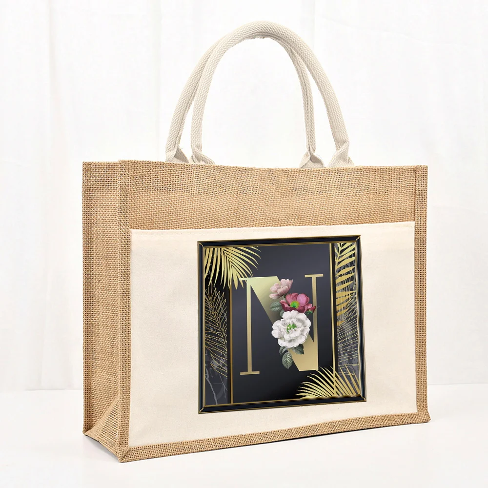 Fashion Linen Shoulder Bag Jute Imitation Linen Bags Golden Letter Series Printing Pattern Environmentally Friendly Shopping Bag