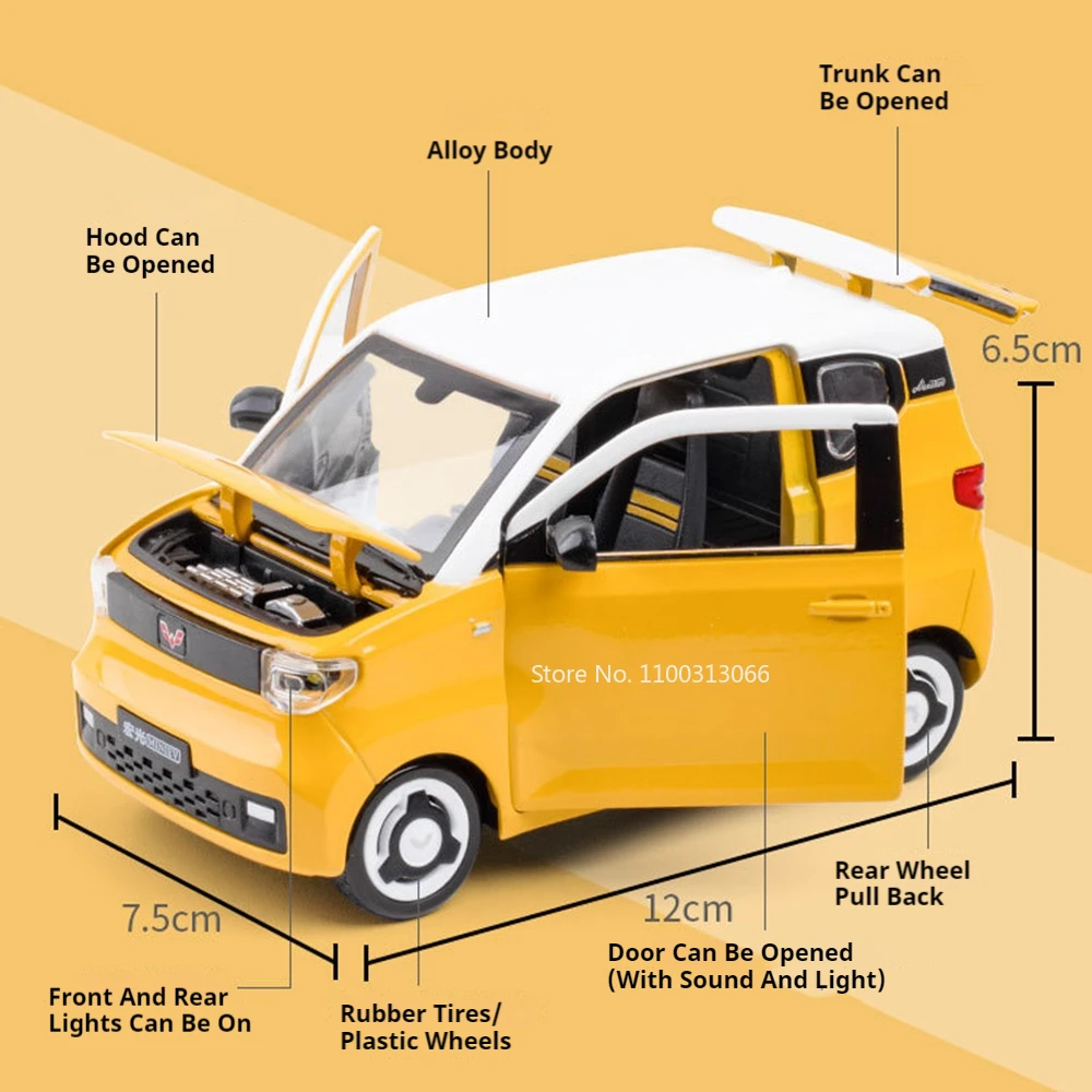 1:24 Modello di Macchinine Scala WULING HONGGUANG MINI EV Pressofuso in Lega Ruota Tirare Indietro con Modelli di Veicoli musicali leggeri Giocattoli per bambini