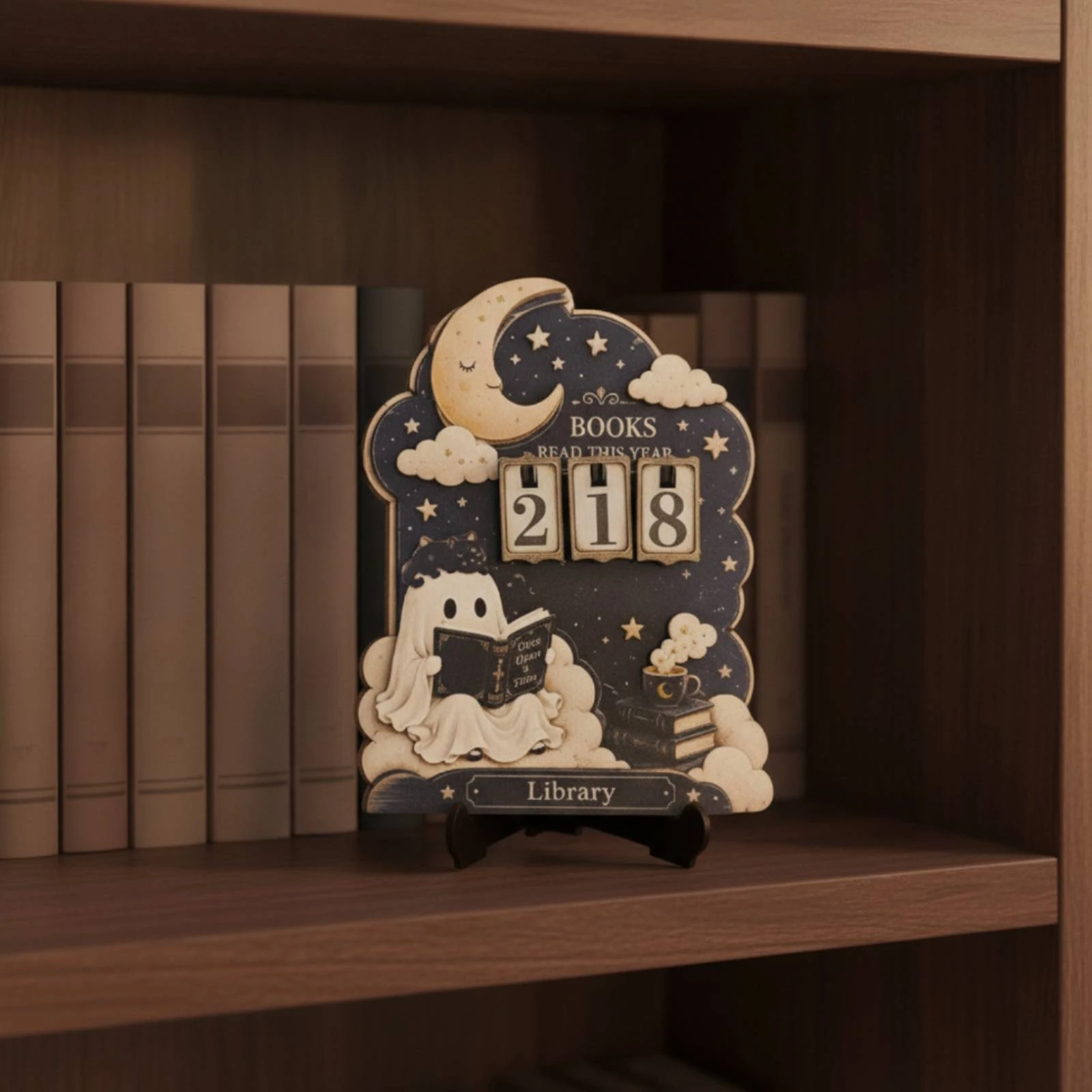木製の読書記録板。丈夫なポプラ材を使用し、ディスプレイスタンド付き。読んだ本の数を記録できる。省スペース設計。