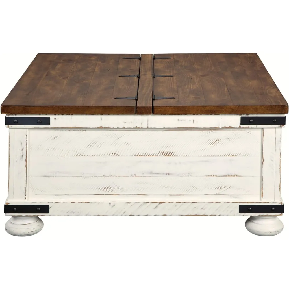 Farmhouse Square Storage Coffee Table with Hinged Lift Top, Distressed White