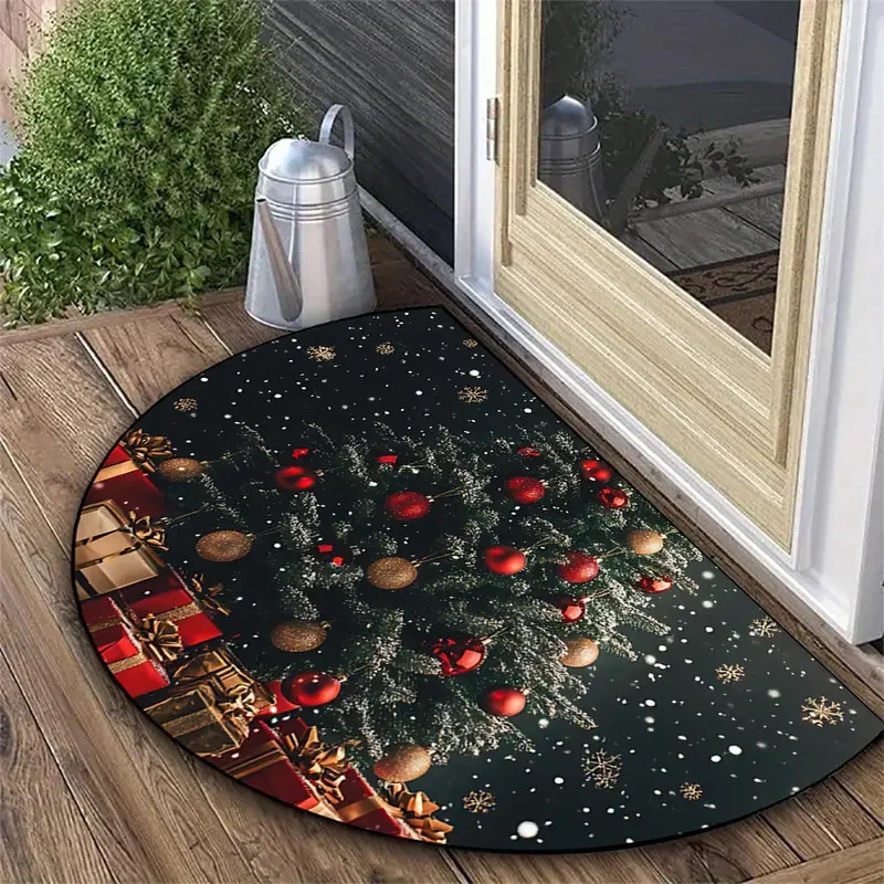 VIKAMA Semi‑Circle Christmas Doormat Golden Snowflake Print Non‑Slip Half Round Entrance Floor Mat Xmas Home Decor